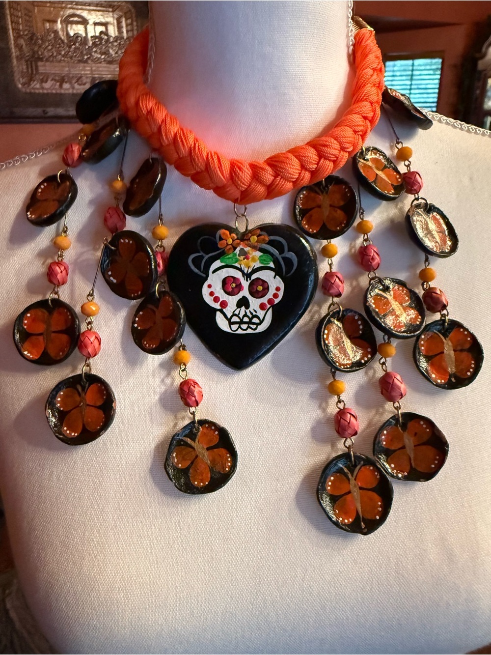 Handcrafted Orange Day of the Dead Heart Statement Necklace - Unbranded - Picture 3 of 3